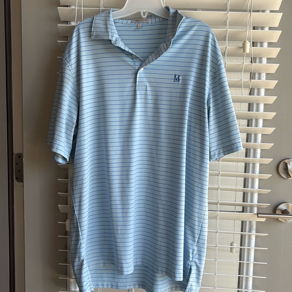 Peter Millar, summer comfort light blue polo with navy stripes